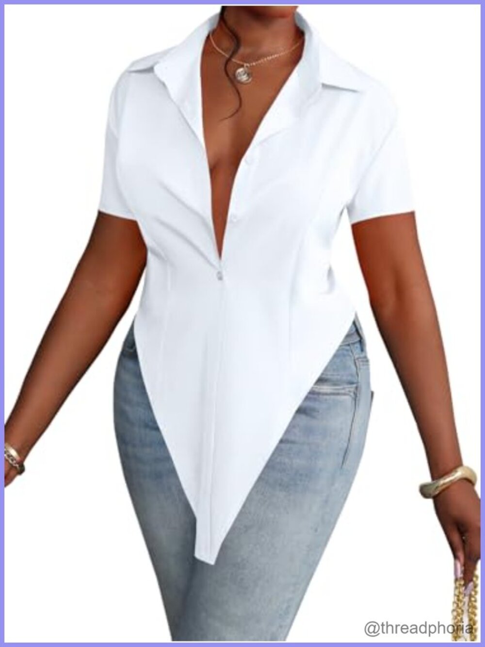 Women's Collar V Neck Button Down Tunic Blouse Casual Work Top